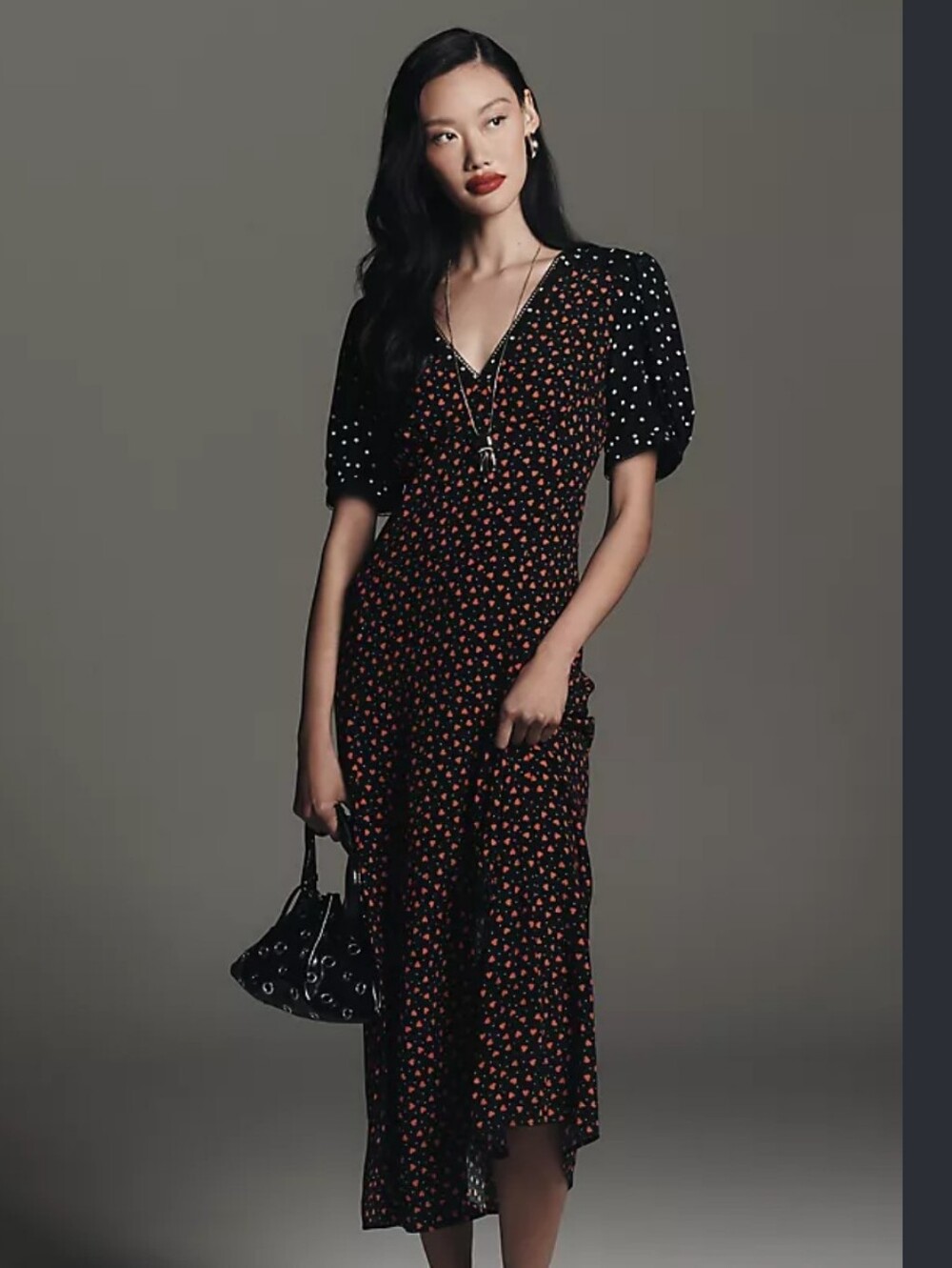 Maeve Heart Print Empire Wasteline Puff Sleeve Vintage Inspired Retro Midi Dress